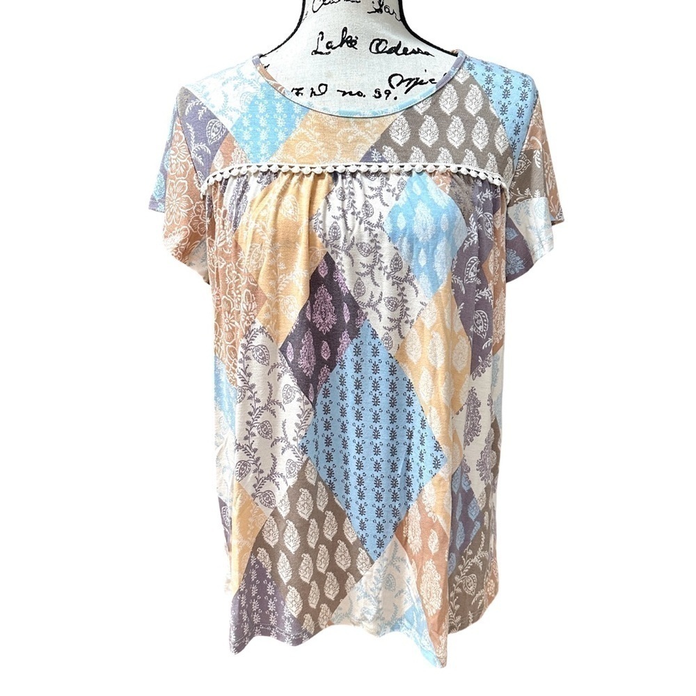 Mixed Pattern Multicolor Pom Pom Detail Short Sleeve Top Size S